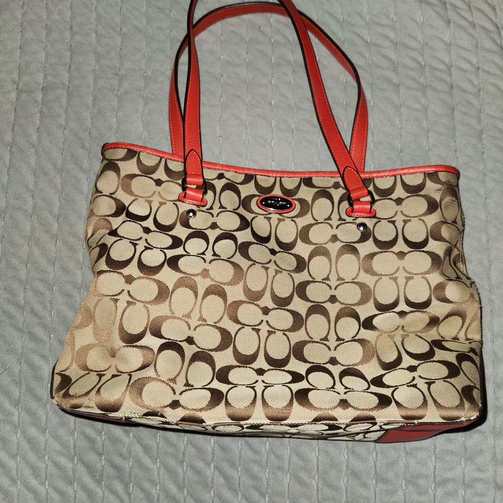 Coach Brown and Red Signature Shoulder Bag